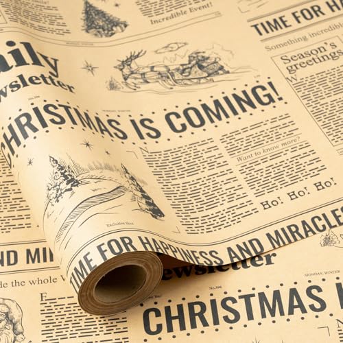 RUSPEPA Vintage Newspaper Christmas Wrapping Paper Roll Mini Roll CHRISTMAS IS COMING Headline with Christmas Tree and Festive Design Fun Kraft Gift Wrap for Holiday Party 17 Inches x 16.4 Feet