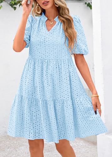 Image of KIRUNDO Eyelet Summer Dresses for Women 2026 Mini Casual Hollow Out Short Sleeve Lace Tiered V Neck Shift Dress Pockets