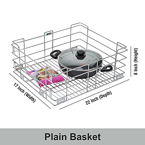 Image of SmartSlide Stainless Steel Kitchen Basket 17 x 22 x 8 Inch | Plain Storage Basket for Modular Kitchen Drawer | Plate & Utensil Organizer Rack