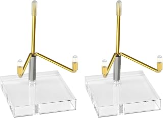 2 Pack Acrylic Easel Display Stand, Gold Adjustable Metal Arms Holder for Crystal Geode Rocks Minerals Shells, 2x2x3 Inch Small Clear Base with Protective Tips