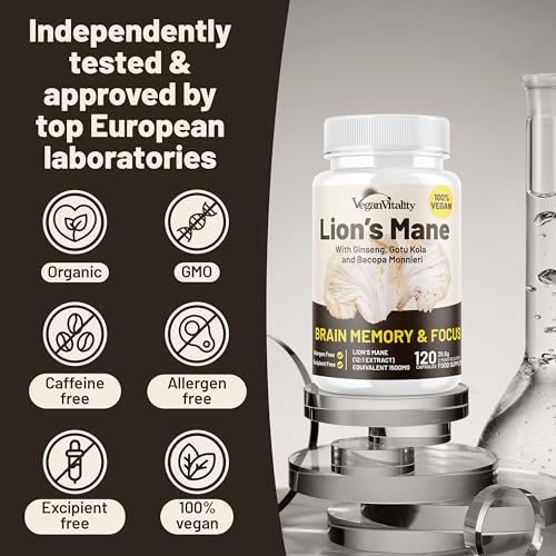 Lions Mane Supplement High Strength Capsules Complex - Mushroom Supplement Caffeine Free, Lions Mane Capsules - 120 Vegan Bacopa Monnieri, Gotu Kola, Ginseng Capsules - Image 3