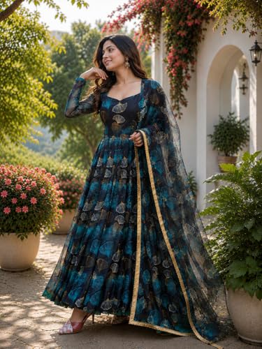 Image of Anveri Women's Floral Printed Anarkali Gown with Dupatta | Ethnic Long Dress for Women | Designer Festive Maxi Kurta Set