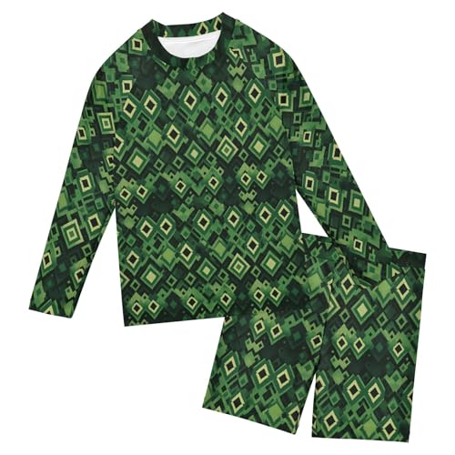 Green and Black Squares Baby Boys' Toddler Long Sleeved Rashguard Swim Bathing Suit Set B0405040