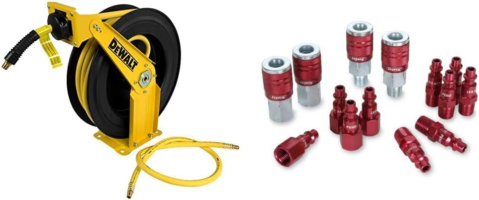 DeWalt DXCM024-0343 Double Arm Hose Reel with 3/8” x 50’ Premium Rubber Hose and ColorConnex Coupler & Plug Kit, Industrial Type D, 1/4" NPT, Red, 14-Piece - A73458D