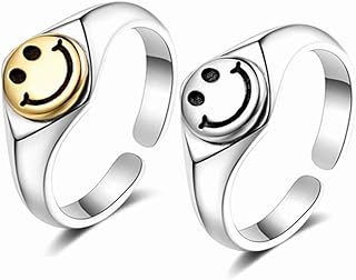 2 Pcs Smiley Face Statement Ring Open Adjustable Wide Chunky Smiling Face Band Ring Gold Silver Vintage Happy Smiley Face Finger Rings Set for Women Teen Girls