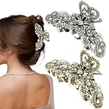 2 PCS Vintage Hair Claw Clips Rhinestone Clip Shiny Rhinestone Hollow Flower Claw Clip Metal Antique Silver Plated Hair Clips Retro Flower Non Slip Hair Jaw Clips for Women Girls