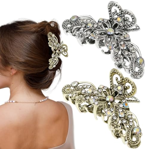 2 PCS Vintage Rhinestone Hair Claw Clips - Shiny Metal Antique Silver Plated Retro Flower Non Slip Hair Jaw Clips for Women & Girls
