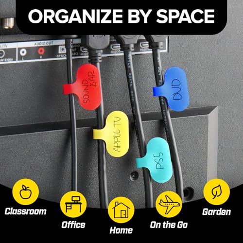 Image of Wrap-It Storage - Cable Labels - Oval, Multi-Color (36 Pack) | Write-On Wire Tags for Cord Identification with Power Strips Behind Desks and TVs