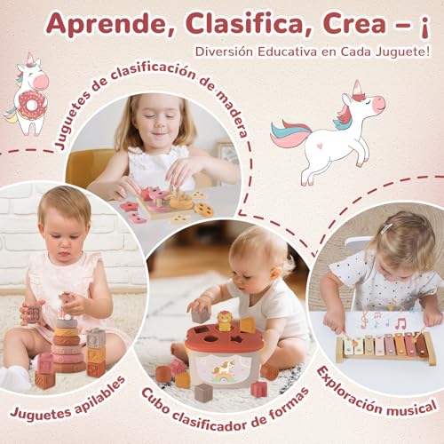 Almaxi Brinquedos Bebés 6-12 Meses | 5 em 1 Brinquedos Montessori Sensorial com Brinquedos de Madeira para Apilar e Classificar, Brinquedo Educativo Bebé 6 9 12 Meses | Presente 6 a 12 Meses