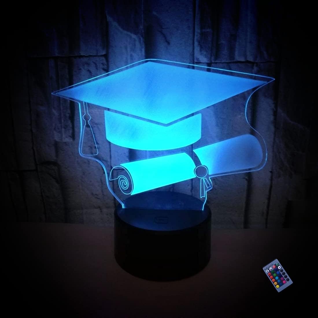 Creative 3 D Bachelor Cap Night Light 16 Colours Different Remote Control USB Power Touch Switch Decor Lamp Optical Illusion Lamp LED Lamp Table Children Brithday Christmas Gifts [Energy Class D]