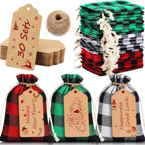 Outus 81 Pcs Christmas Drawstring Bag 4 x 5.5 Inch Buffalo Plaid Gift Bag Plaid Burlap Bags Xmas Drawstring Bags with Tags and Twine Rope for Christmas Party Favor Birthday