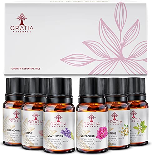 Gratia Naturals Essential Oil Set of 6 â€“ 100% Pure Floral Essential Oils for diffusers for Home, Rose, Lavender, Chamomile, Jasmine, Geranium, Neroli - Therapeutic Grade Aromatherapy Oils, 60ml Pack