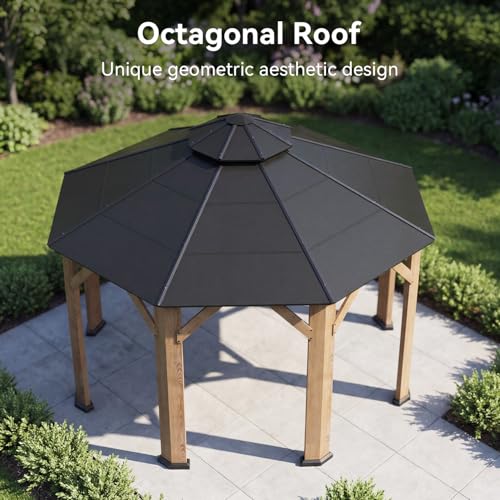 Image of Aoxun 13' x 13' Outdoor Wood Octagon Gazebo, Hardtop Gazebo Permanent Wooden Pavilion with Galvanized Steel Double Roof, for Packyard, Garden, Deck, Cedar Wood