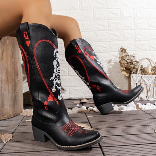 cowgirl boots Vintage Embroidered Riding Boots Western Cowboy Boots with Red Heart & Star Patterns Slip-On Embroidered Boot3