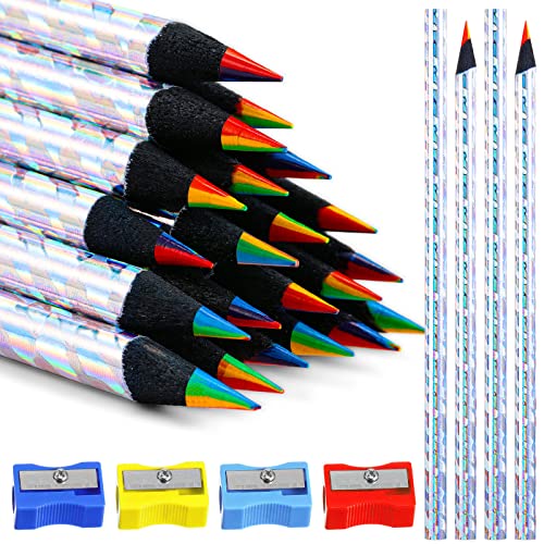 Chengu 48 Pcs Rainbow Colored Pencils, 7 Color In 1 Rainbow Pencil For Kids, Wooden Colored Pencil Multi Colored Pencils Bulk With 4 Pieces Sharpener For Kids Adults Art Drawing (Holographic Design) #TOP7