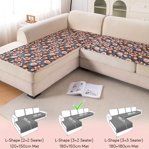 Image of HOKIPO 'Nature Muse' Premium HD Printed Holland Velvet L Shape (3+2 Seater) Sofa Cover Seat Mat, Nocturne Rose (IN-916-D2 + IN-918-D2)
