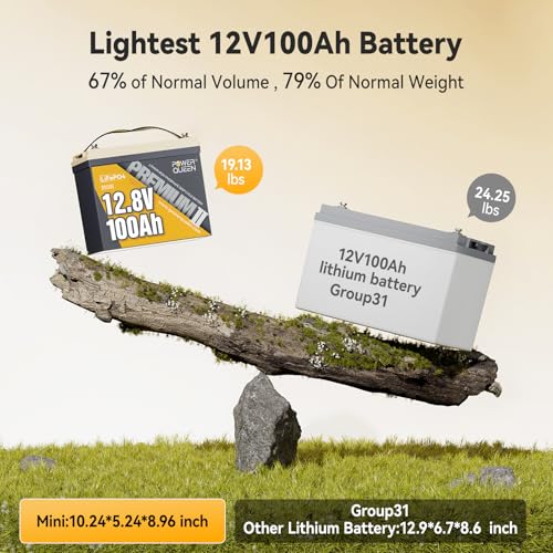 Power Queen 2 Pack Mini LiFePO4 Lithium Battery, 12V 100Ah Battery with Built-in 100A BMS, 1280Wh Energy, Up to 15000 Cycles, 10-Year Lifespan for Home Solar Energy System, RV, Camping — view 2