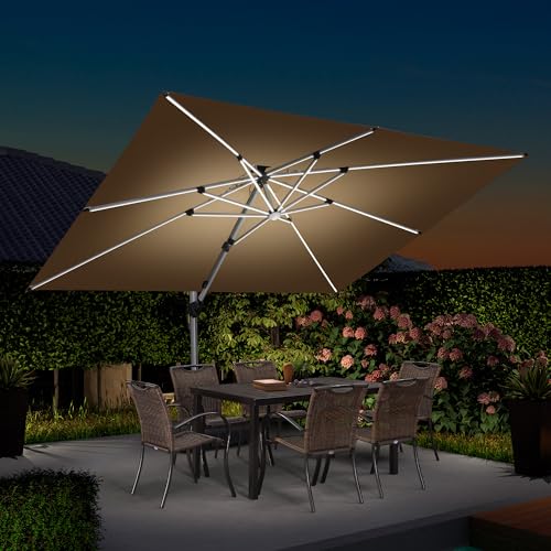 PURPLE LEAF 9' X 12' Double Top Deluxe Solar Powered LED Rectangle Patio Umbrella Offset Hanging Umbrella Outdoor Market Umbrella Garden Umbrella, Beige