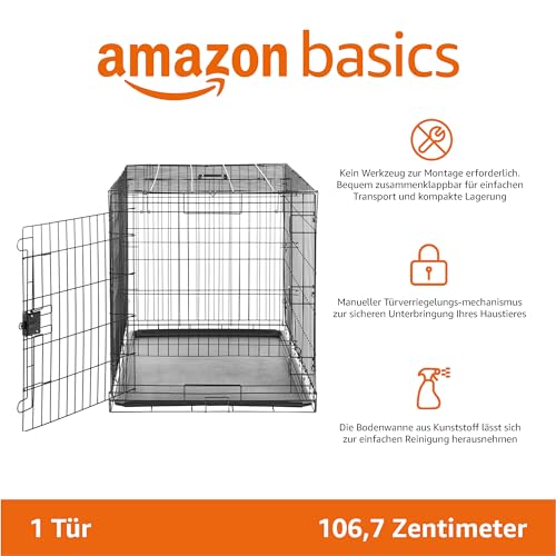 Amazon Basics Zusammenklappbarer Hundekäfig aus Metalldraht mit Bodenschale, Einzeltür, 106.7 x 71.1 x 76.2 cm (L x W x H), Schwarz
