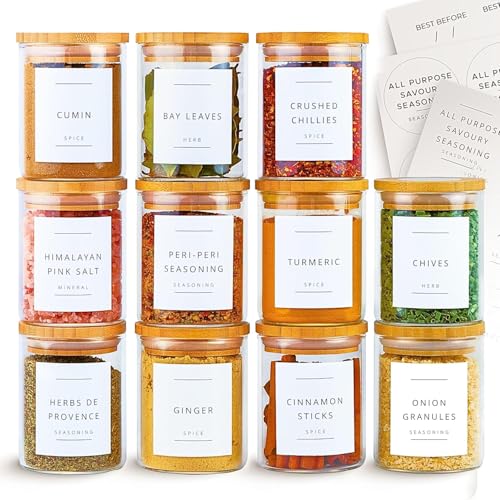Image of 220 ML Glass Storage Containers with Spice masala lable set,220 ML SET OF 12 Lids Jars with Lids, Clear Food Jar, Round Canister, Pantry Organizers and Storage (12, ROUND 220ML)