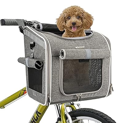 BABEYER Dog Bike Basket, Expandable Soft-Sided Bicycle Pet Carrier Backpack with 4 Open Doors, 4 Mesh Windows for Medium Dog Cat Puppies-Grey
