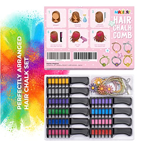 Magicat Premium Hair Chalk With Comb Set I 10 Temporary Hair Color Chalks For Kids Chalks I 5 Hair Ties I Hair Chalk For Girls I Birthday, Christmas, Halloween, Party Gift I Hair Dye Kit, Washable #TOP4