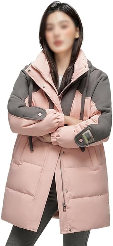 Medium-length Down Jacket Color Collision Splicing Thickened Warm Hooded Autumn And Winter