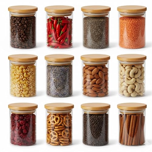 Image of Borosilicate Glass Jars with Bamboo Lids | Airtight Food Grade Containers | Durable Storage Jars for Snacks, Spices, Tea, Coffee & Dry Fruits | Transparent Jars Set of 12 (270 ml Each)