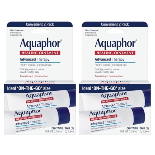 Image of Aquaphor Healing Ointment Advanced Therapy Skin Protectant, Travel Size Body Moisturizer for Dry Skin, Minor Cuts and Burns, Dry Cuticles, Cracked Heels, Hands and Lips, 0.35 Oz Tube (2 x Pack of 2)