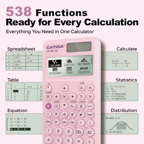 Image of CATIGA Pink Scientific Calculator with Textbook-Style HD Display, Solar & Battery Scientific Calculators for College, High School & Engineering Students, Icon Menu & Magnetic Hard Case, CS-991NX