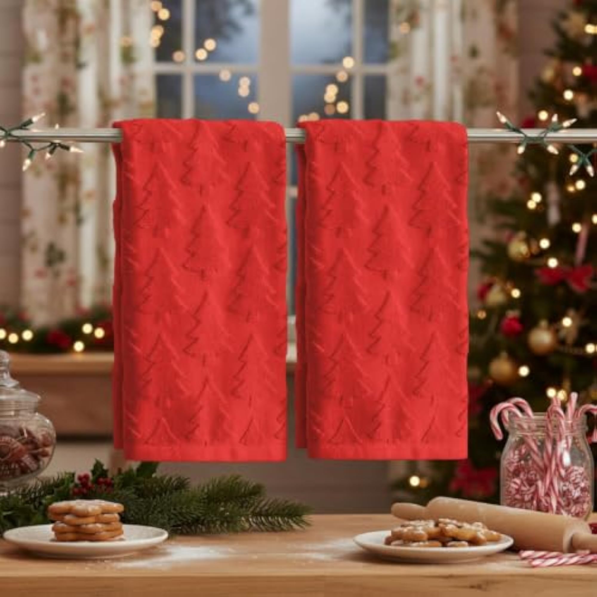 2 Pcs Red 3D Xmas Tree Jacquard Hand Towels, Cotton