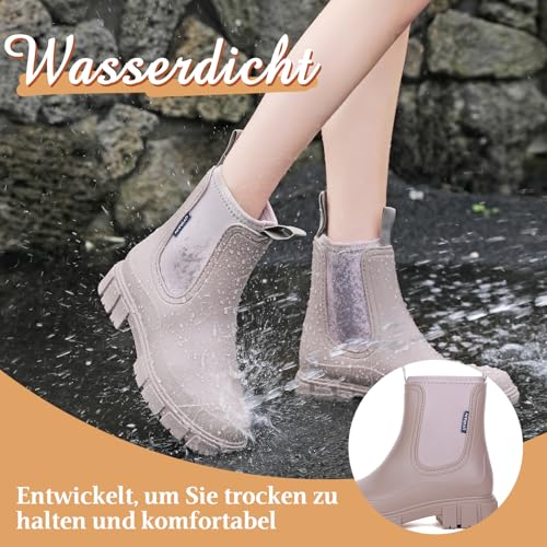 Yenxapei Gummistiefel Damen Wasserdicht Boots,Halbhohe Regenstiefel Chelsea Mit Rutschfest Sohle Modische Schlamm Outdoor Arbeit Stiefel Für Damen