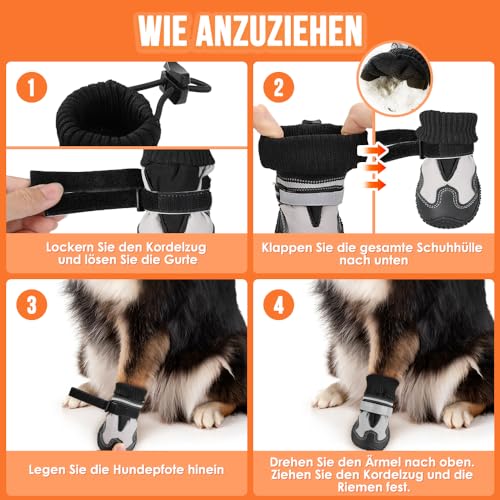 Eyein Hundeschuhe Pfotenschutz Winter, 4 Stück Wasserabweisend Windschutz Hundeschuhe mit warmem Fleece und hohem Design, Reflektierende und rutschfeste Hunde Schuhe Outdoor (Größe 2, Weiße Nähte)