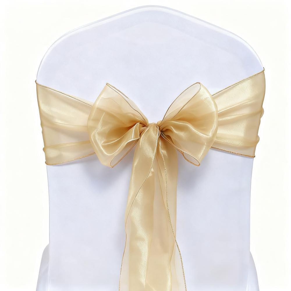 Magtowne Champagne Organza Chair Sashes 50 Pack - Universal Chair Bows Ties Bands For Wedding Party Ceremony Banquet Baby Shower Decor