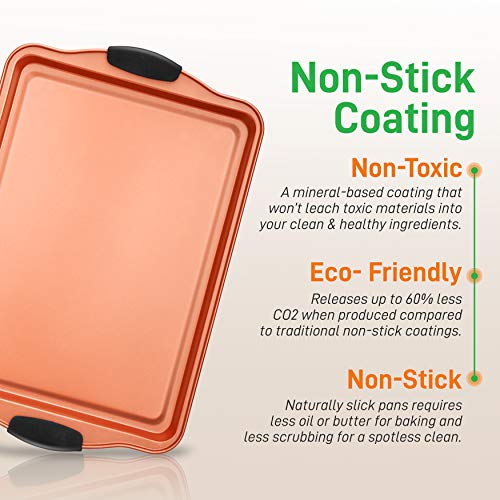 Nutrichef 3 Piece Baking Pan Set - Pfoa, Pfos, Ptfe Free Flexible Nonstick Carbon Steel Bakeware Set - Home Kitchen Bake Pan Cookie Sheet Stackable Baking Tray Set W/Red Silicone Handles Ncsbs3S45 #TOP3