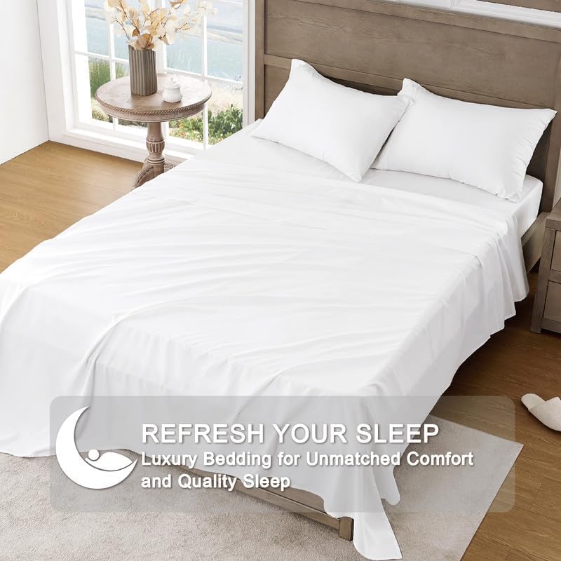 Ghazlan 200 Sheet Set, 100% Cotton Ultra Soft Luxury Bedding Sheets & Pillowcases, Hotel Quality Easy Care Bedding Sheets Set - Wrinkle and Fade 40cm (White, Double) - Image 3