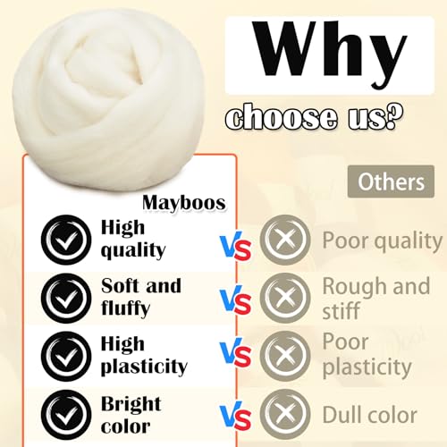 Image of Mayboos 1.76oz White Natural Wool Roving, Needle Felting Wool | Wool for Needle Felting White Color for Wet /Dry Felting Handcrafts and Spinning