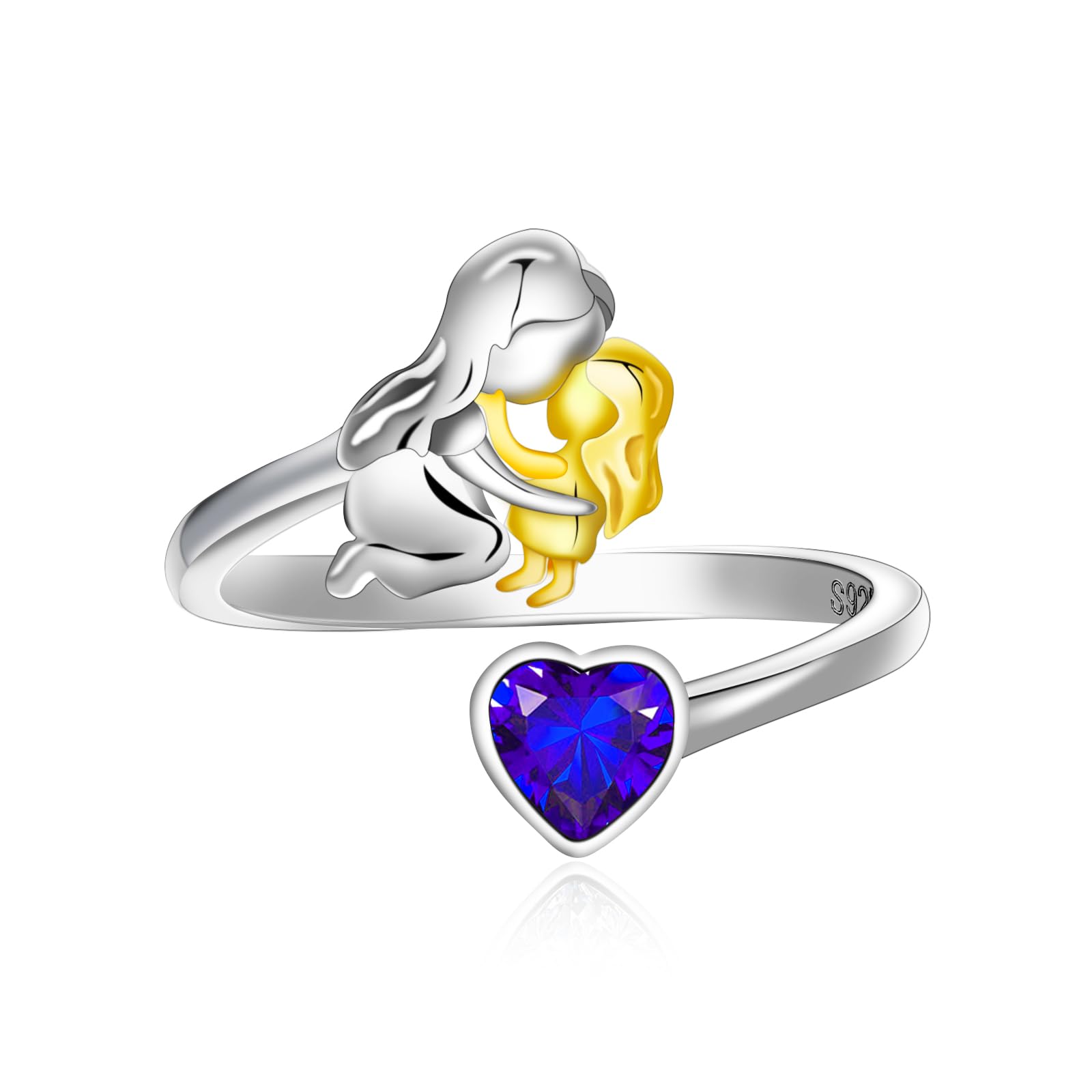 Qings Geburtsstein Ring mit Mütter Töchter Design 925 Sterling Silber Mutter und Tochter Herz Zirkonia Ring Geburtstag für Mütter Großmutter Frau Frauen