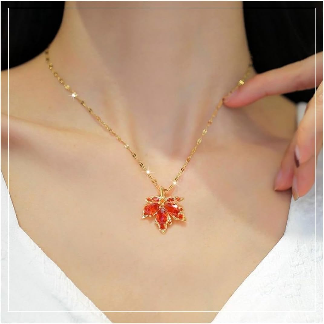 Maple Leaf Pendant Necklace for Women Sparkling Cubic Zirconia Fall Leaves Necklace Exquisite Thanksgiving Christmas Anniversary Valentines Jewelry Gifts - Image 2