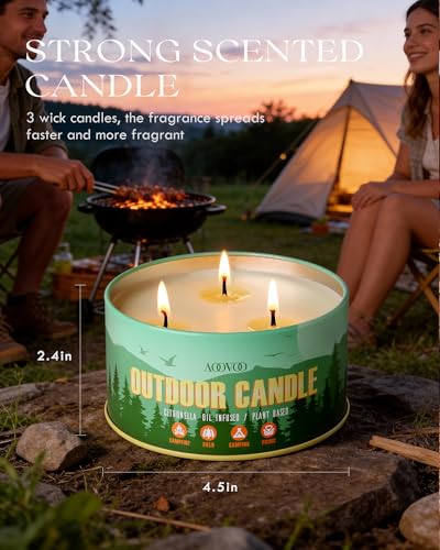 Image of AOOVOO 2 Pack Citronella Candles Outdoor - 3 Wick 24oz Large Camping Candle, Natural Essential Oil Soy Wax Non Toxic, Strong Scented Candles for Outside Backyard Garden Picnic