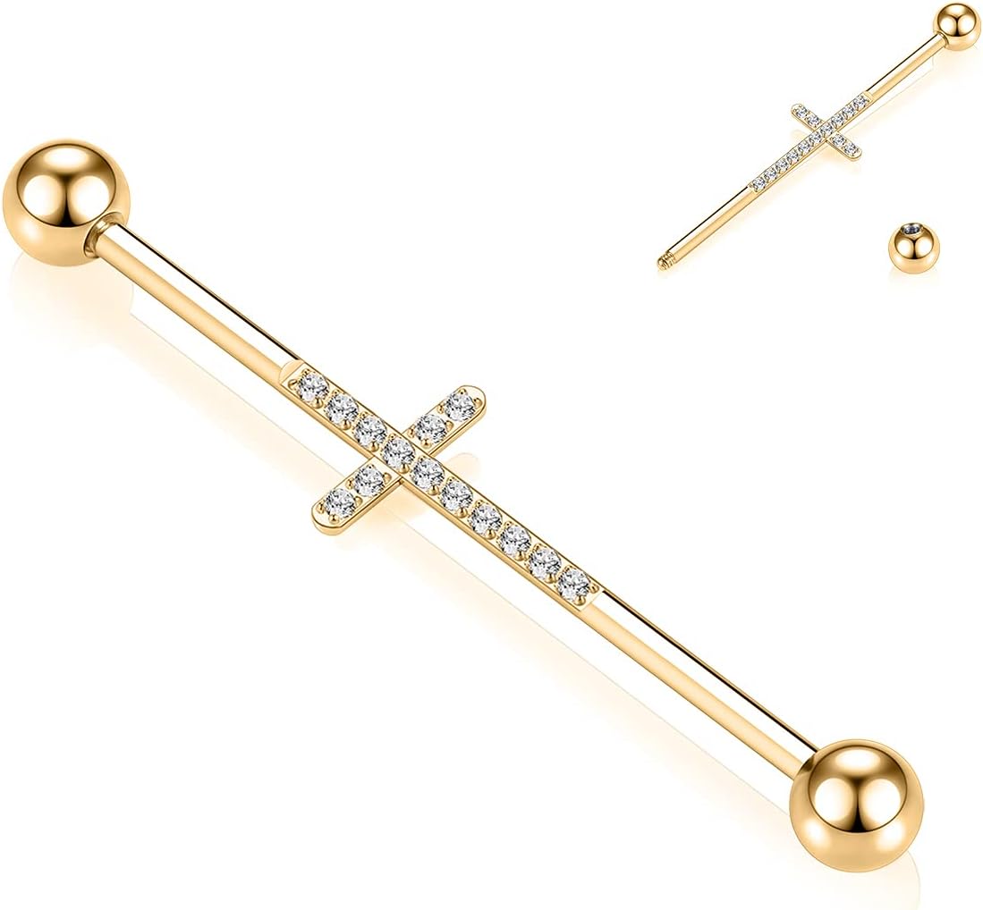 14G Industrial Bar Industrial Piercing Earrings Cartilage Earring with Cross CZ