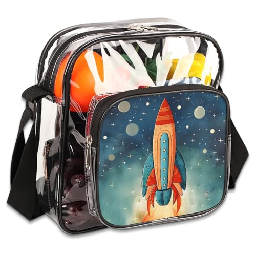 Clear Crossbody Bag Stadium Approved Cartoon Rocket Transparent Bag for Festivals, Sports Events, Concerts,Beach Bag for Women Men Clear Purse with Front Pocket Messenger Bag with Adjustable Strap