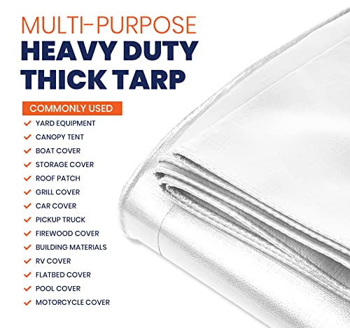 Image of Extra Heavy Duty 14 Mil Tarp Cover, Waterproof, UV Resistant, Rip and Tear Proof, Poly Tarpaulin with Reinforced Edges for Roof, Camping, Patio, Pool, Boat (White 6′ X 8′)