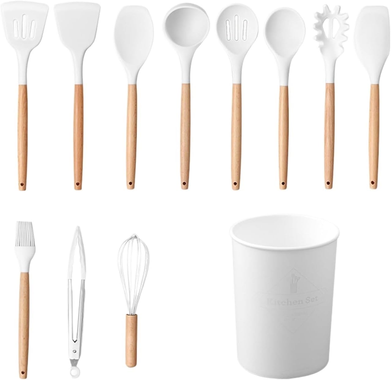 Cooking Utensils Set of 12 Silicone Kitchen with Wooden Handle Non-stick Cookware Friendly & Heat Resistant Includes Spatula/Ladle/Slotted Turner/Serving Spoon/Spaghetti Server