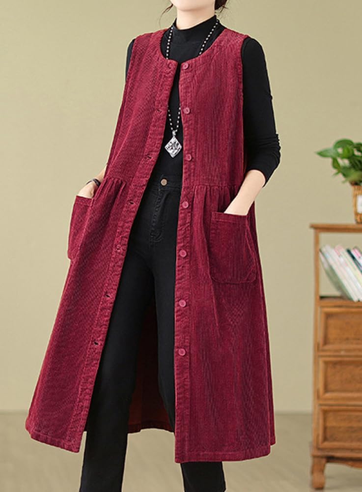 chouyatou Women's Corduroy Button Down Babydoll Tank Dress Crewneck Over Knee Long Overall Dress with Pockets - Image 3