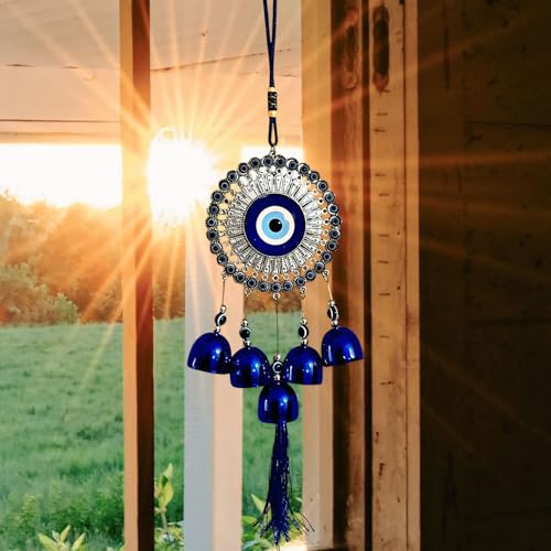 Image of Evil Eye Wind Chimes with 5 Bells for Home | Vastu Hanging for Positive Energy & Protection | Balcony, Living Room & Main Door Home Decor | Housewarming Gift