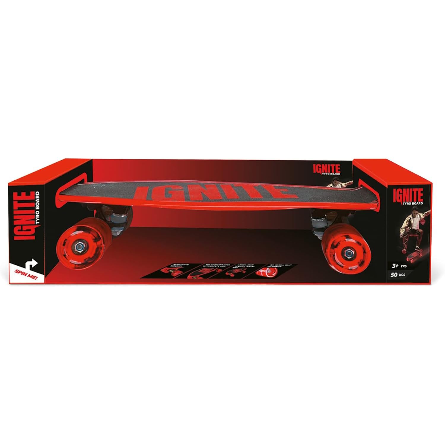 Mondo Toys - Ignite Tyro Red - Skateboard ruote poliuretano luminose - pedana misura 55 x 15, Colore Rosso, 25543