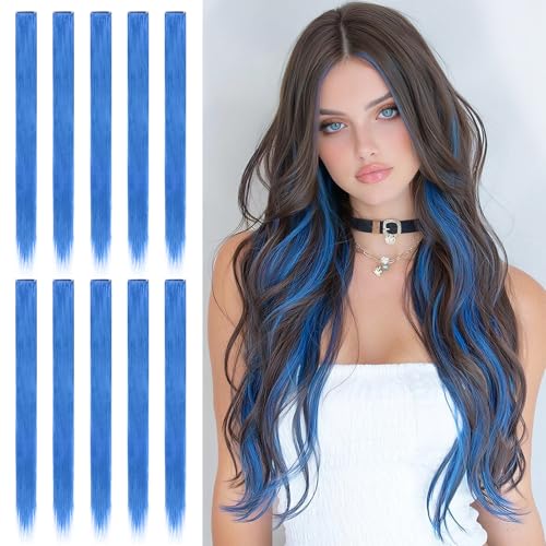Sofeiyan 10 Pcs Colored Hair Extensions Party Highlights Colorful Clip in Hair Extensions 22 Inch Straight Synthetic Hairpieces for Women Halloween Christmas Cosplay, 10pcs Blue