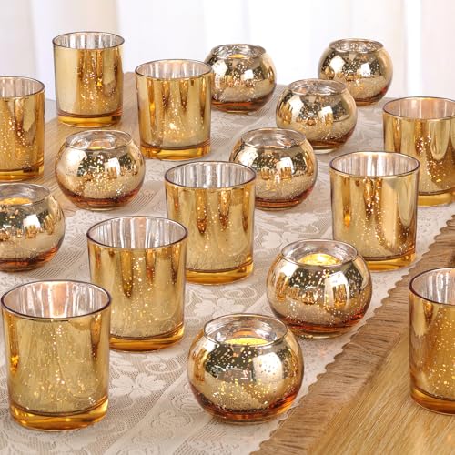 Volens 30pcs Assorted Gold Votive Candle Holders Bulk Large Gold Wedding Centerpieces for Tables Mercury Glass Votive & Tealight Candle Holders for Party Decorations and Home Decor