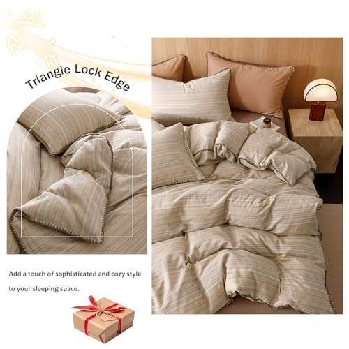 Image of VM VOUGEMARKET Brown Tan Duvet Cover King Striped Pattern Yarn Dyed Muslin Cotton Duvet Cover with Embroidered Edge Super Soft Cozy Bedding Set for Men Women,King Size